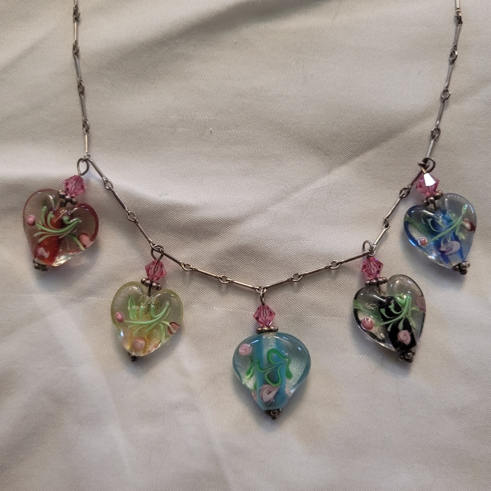 Vintage Sterling Venetian Murano Lampwork Heart Bead 925 Silver Charm Necklace - Picture 11 of 11